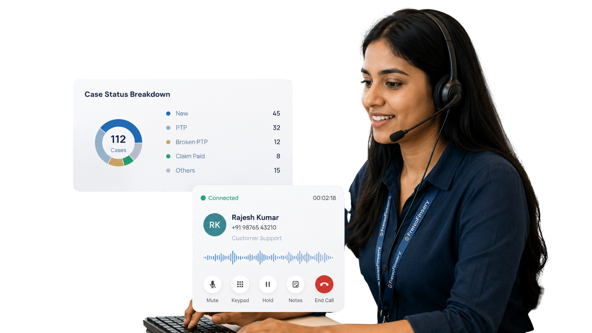 FrenzoFinserv agent on a live borrower call with case status and call controls