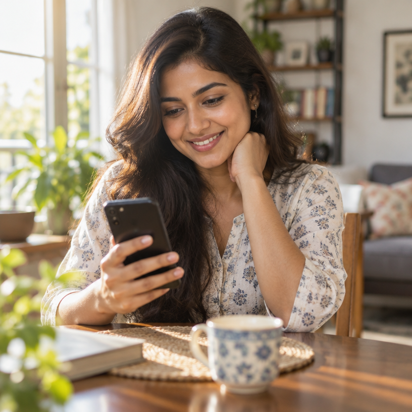 Borrower reading a payment reminder on her phone at home