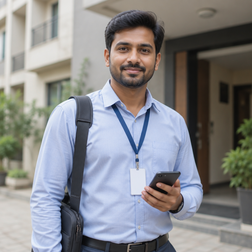 Field officer standing outside a residence with a smartphone