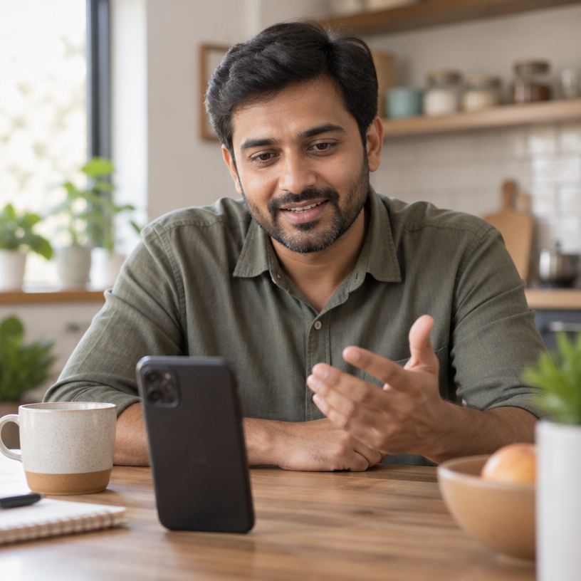 Borrower speaking to a voice assistant on his phone at home