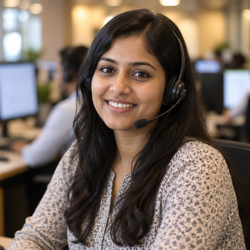 Contact-centre agent wearing a headset at her desk